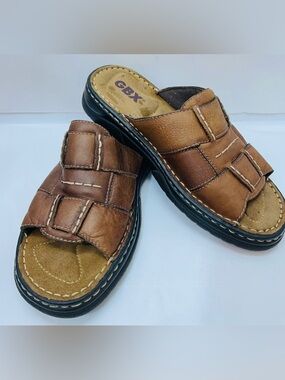 GBX Brown Men’s Leather Slide Sandals with Black Sole